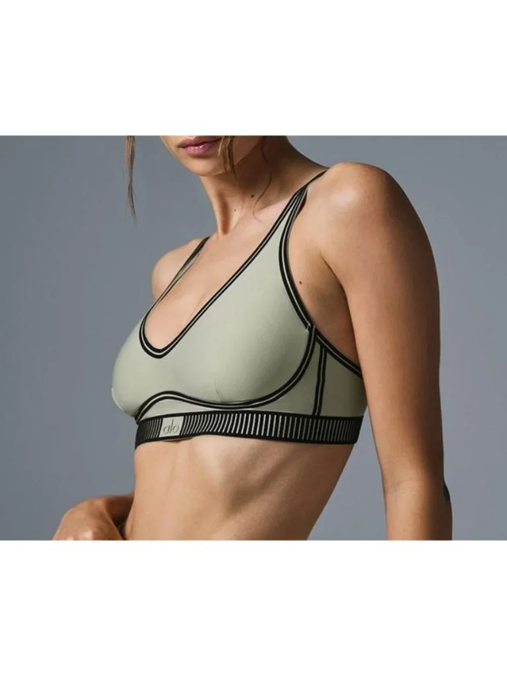 Alo Airlift Line Up Bra Limestone Black Padded Sports Bralette Tank Crop Top XS